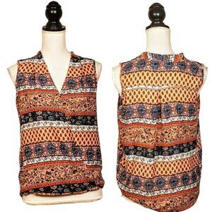 PINK ROSE Top, Pink Blue Paisley Color Block Polyester Sleeveless Boho, S